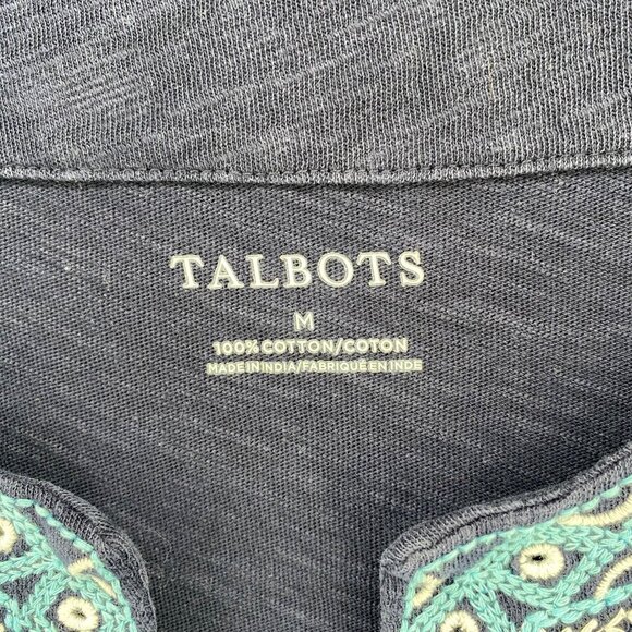 Talbots Top Womens Medium Navy Cotton Embroidered 3/4 Sleeve Slub Knit Pullover - Picture 5 of 9
